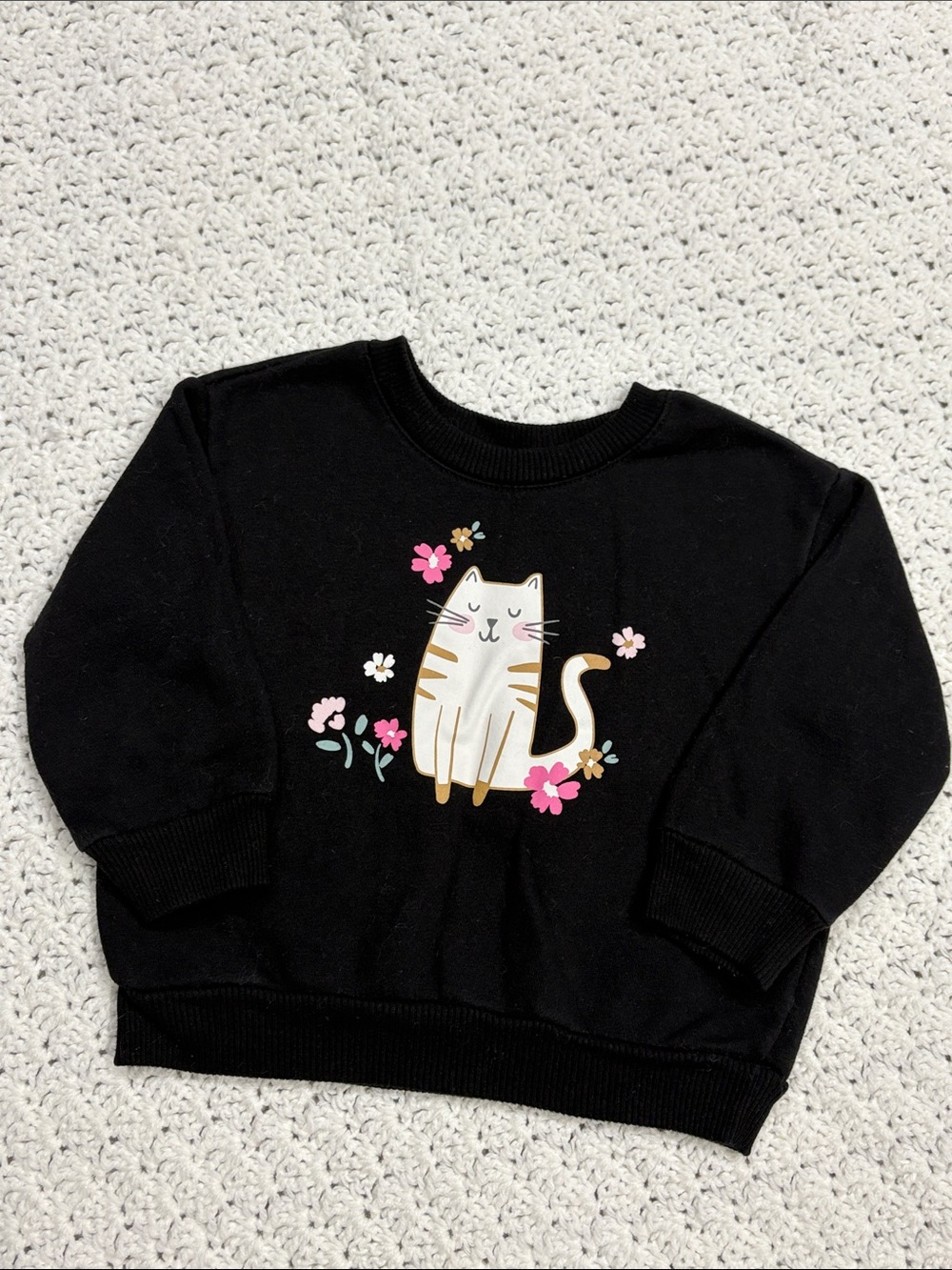 Garanimals Black Kids Fleece Sweatshirt Cute White Cat & Pink Flowers Size 18M !